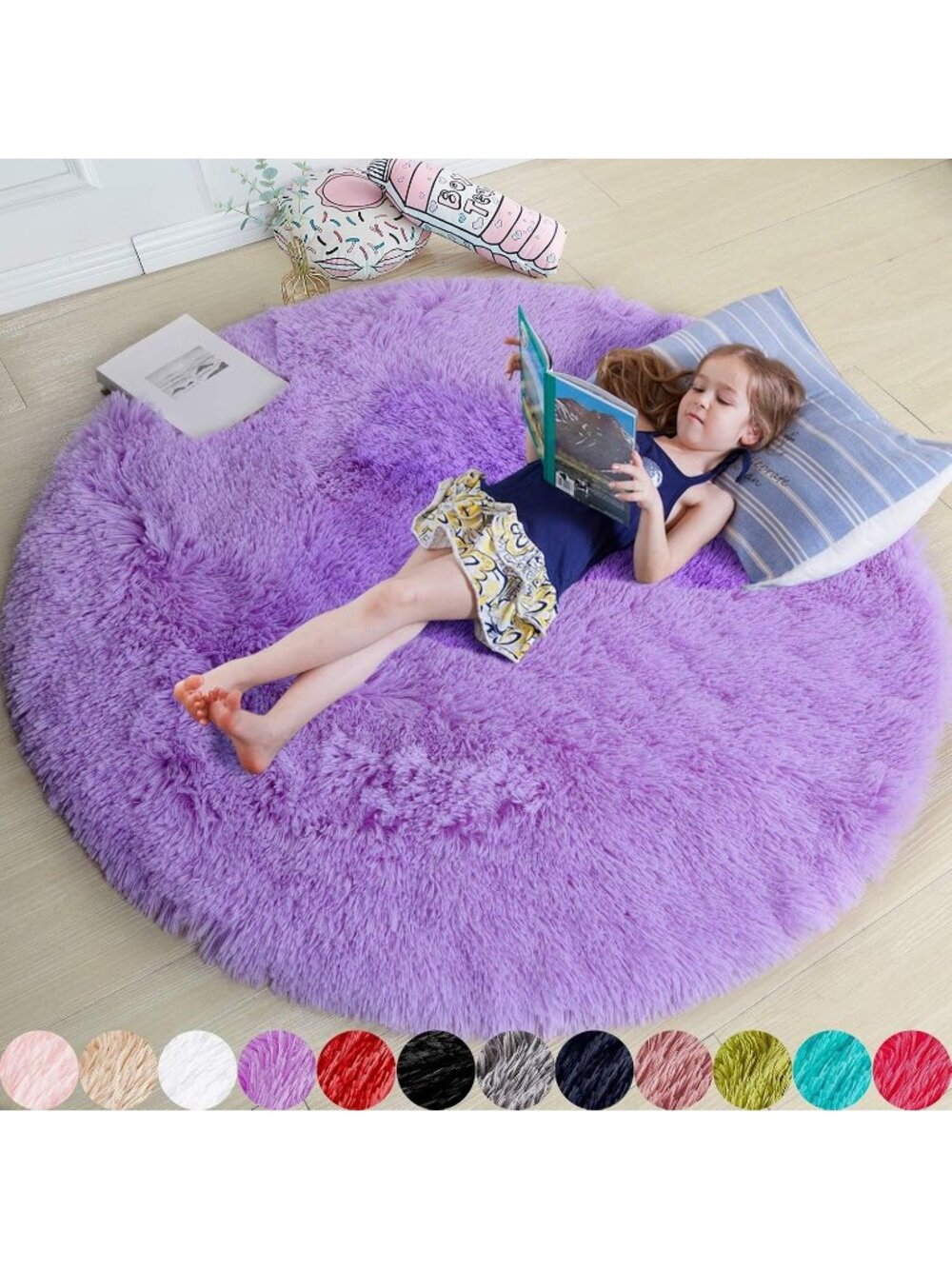〽️Purple Fluffy Round Circle Area Rug 4Ft Girls Bedroom Dorm Shaggy Plush Carpet